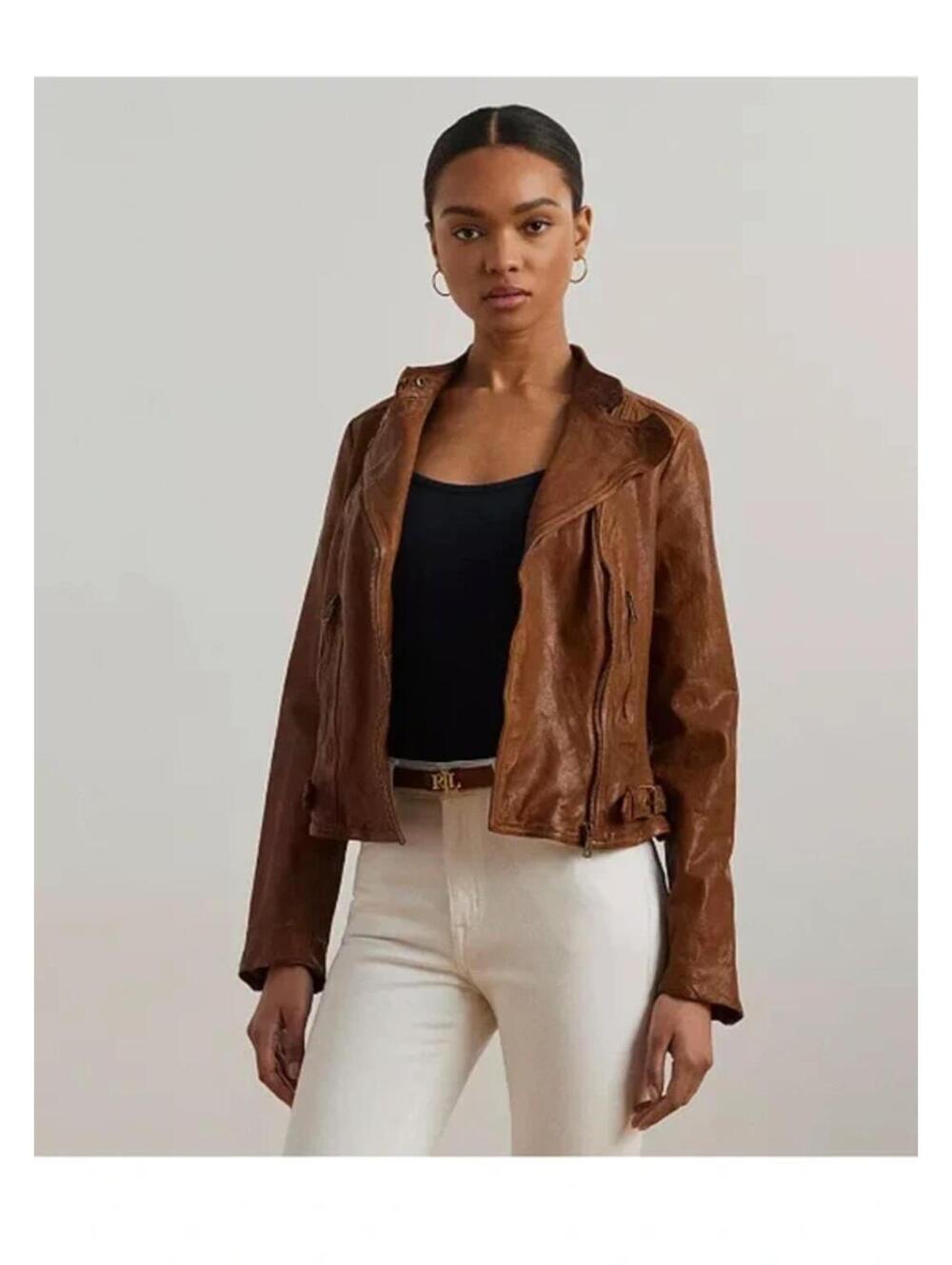 New Lauren Ralph Lauren Tumbled-Leather Jacket dark walnut so soft Large 12